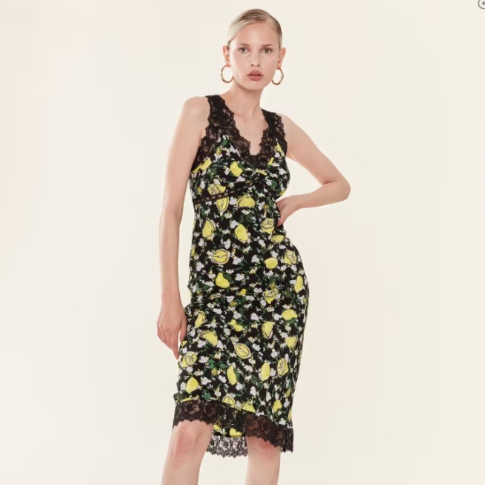 Diane von Furstenberg Issey Lace Trim Silk Slip Dress